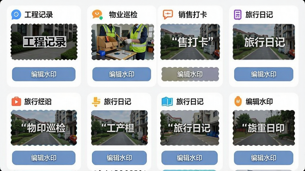 ʱӡˮӡ���ˮӡģ��ѡ����棬�ֻ���Ļ�������Ŷ����ͬ��ʽ��ˮӡ��Ƭ�����������̼�¼������ҵѲ�족�����۴򿨡��������ռǡ��ȷ����ǩ��ÿ����Ƭ��������ͼԤ�����ײ��С��༭ˮӡ����ť�����岼��Ϊ�������У�������±�ƽ����ϸ�ڰ�����ɫͼ��������˵�������������ɾ��޶���Ԫ��