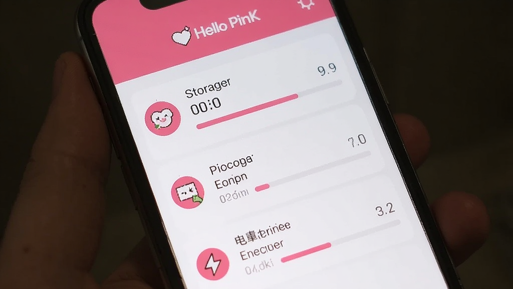 手机屏幕展示Hello PinK的设置页面,画面中有存储占用、内存占用、电量消耗等数据展示,数值显示较低,界面以粉色和白色为主,图标简洁,整体风格清爽干净,画质清晰,无多余元素。