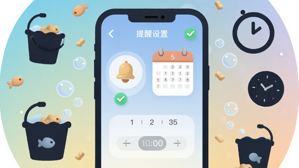 手机屏幕显示提醒设置界面,有铃铛图标、日历网格、时间选择器,屏幕周围环绕着鱼食颗粒、水桶、时钟剪影,布局为环绕式构图,风格为柔和圆角扁平插画,细节包括渐变背景、小气泡、对勾标记,画质清晰,干净,无多余元素