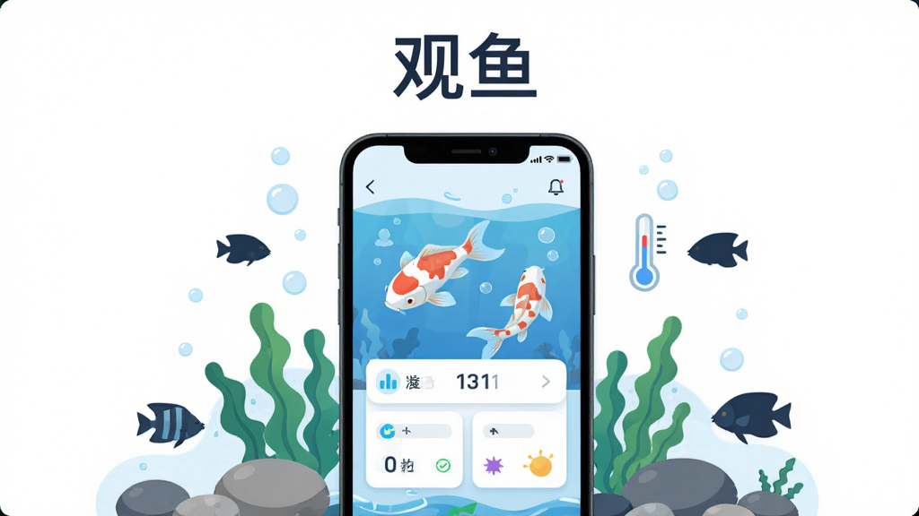 画面中央是一部智能手机,手机屏幕上显示着水族箱管理界面,界面中有锦鲤游动图案与水质数据卡片,手机周围环绕着水草、鹅卵石、小型热带鱼剪影,整体布局为居中构图,上方留白放置应用名称“观鱼”,风格为清新扁平化插画,细节包括气泡、水波纹、温度计图标,画质高清,干净,无多余元素