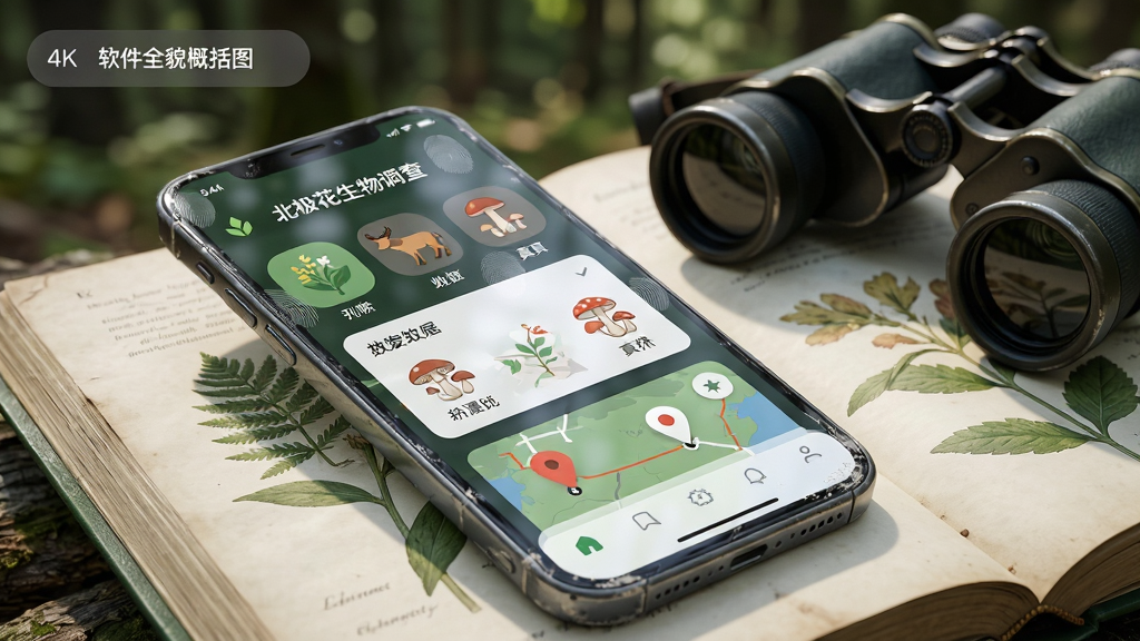����ȫò����ͼ�����壺һ�������ֻ���Ļ������ʾ��������������顱APP�������棬��������ֲ�����������ͼ��͵�ͼ��ǵ㡣���֣��ֻ�б����һ���򿪵�ֲ��ͼ����һ̨��Զ���Աߡ��Ű棺���Ͻ�������ĵ��������м������ݿ�Ƭ�����дʵ�Ƽ��磬������Ȼ�⡣ϸ�ڣ���Ļ����ϸ΢��ָ�ƺۼ����ֻ���Ե��ĥ��У������黯������ɭ�ֻ��������ʣ�4K�����壬�ɾ����޶���Ԫ�ء�
