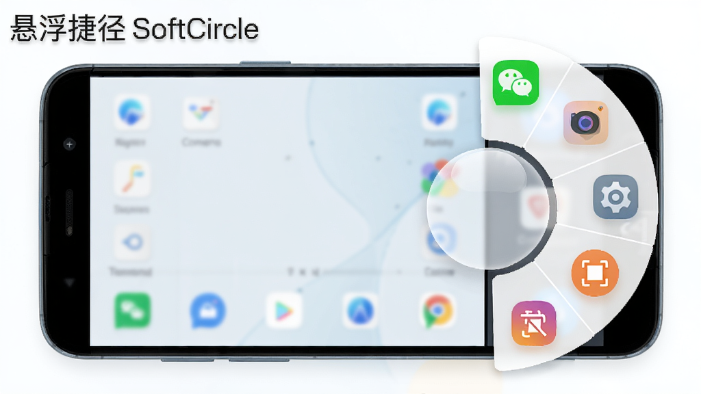 �����ݾ�SoftCircle����������չʾͼ������������һ����׿�ֻ����ֻ���Ļ����ʾһ����͸����Բ����������������Ļ�Ҳ��Ե����������Χչ�����ο�ݲ˵����˵��а���΢�š���������á������ȶ����ɫͼ�꣬����Ϊ����ǳɫ�ֻ����棬��������ˬ�ִ���ϸ�����������ʸɾ����޶���Ԫ�أ�ͼ�����ֱ�ע�������ݾ�SoftCircle��