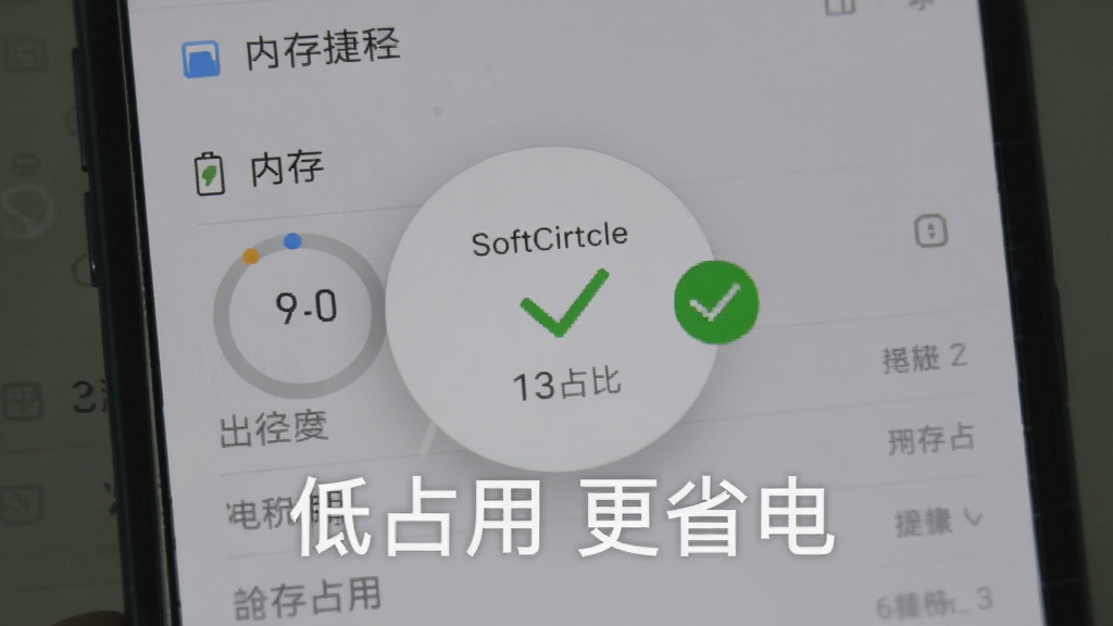 �����ݾ�SoftCircleʡ�����ڴ�ռ��չʾͼ������չʾ�ֻ������еĵ�����ڴ�ʹ�����ҳ�棬�����ݾ�SoftCircle�ĺĵ�ռ����ʾΪ���ͣ��Ա�����ɫ�Թ���ʶ������Ϊ�ֻ�ϵͳ���ý��棬����࣬ͼ�����ֱ�ע����ռ�� ��ʡ�硱�������������޶���Ԫ��