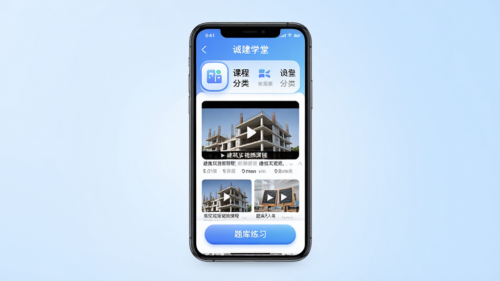 �Ͻ�ѧ���ֻ�APP������չʾ����������һ�������ֻ��������ã���Ļ����ʾ�Ͻ�ѧ��Ӧ����ҳ�������γ̷��ർ����������������Ƶ�γ�����ͼ�������ϰ��ڰ�ť�����岼���������룬����Ϊǳ��ɫ���䣬���������ϸ�ڰ���ͼ��Բ��������������ť���壬���ʸ��壬�ɾ����޶���Ԫ��