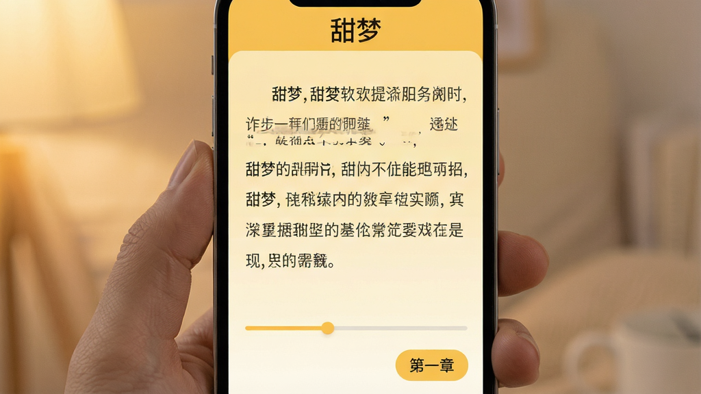 ���������Ķ����棬�ֻ���Ļ��ʾС˵����ҳ�棬����Ϊů��ɫ����ɫ���������С����Ρ����ֱ�ʶ�������Ű����ʣ��ײ��н��������½��л���ť�����ּ�࣬���������ͣ�ϸ���������������������ʸ��壬�ɾ��޶���Ԫ��