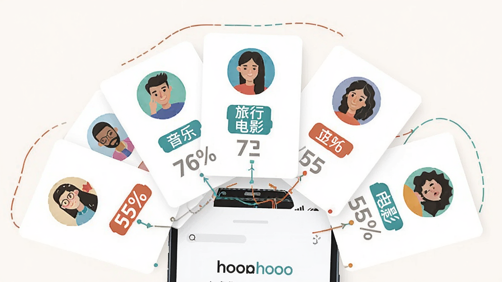 ��סhood������Ȥƥ�书��չʾͼ����������Ϊ�ֻ���Ļ�ж���û�ͷ��Ƭ������չ����ÿ�ſ�Ƭ������Ȥ��ǩ�����֡����С���Ӱ�����־��У�����ƽ���廭��ϸ�ڰ�������������ƥ��ٷֱȣ������������ɾ����޶���Ԫ��