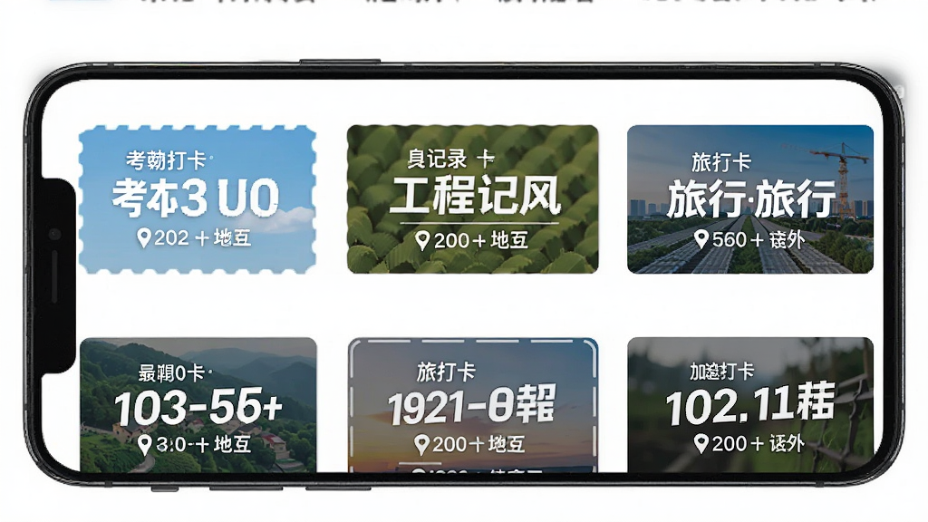 �ֻ���Ļչʾˮӡ�����Ѷ�λApp��ˮӡģ��ѡ����棬�����������Ŷ�ͬ����ˮӡģ������ͼ���������ڴ򿨷�񡢹��̼�¼������д򿨷��ȣ�ÿ��ģ�嶼չʾ������ʱ���ַ����Ϣ���Ű�Ч���������������ۣ���ɫ���£����ʸ��壬�޶���Ԫ�ء�