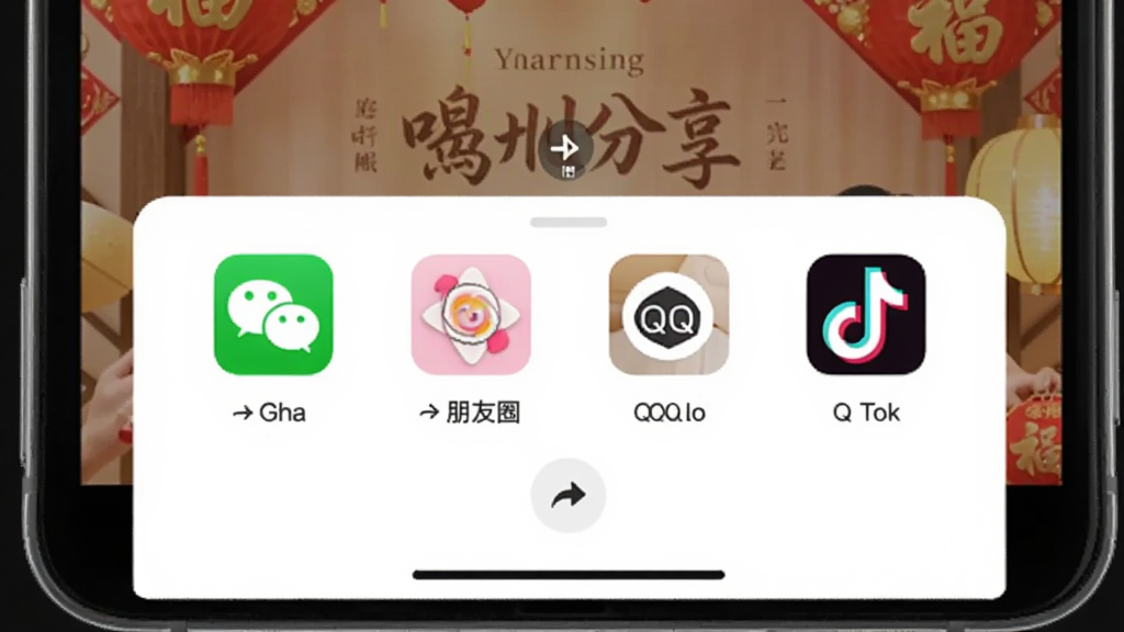 һ˳��˳�ȵ���������棬�ֻ���Ļ����ʾ������壬���������΢�š�����Ȧ��QQ���������罻ƽ̨ͼ�꣬��Ļ����Ϊף����ƵԤ��ͼ������Ϊ�ײ�����ʽ�����˵�������ִ���࣬ϸ�ڰ���������ͷ��ƽ̨logo�������������ɾ��޶���Ԫ��