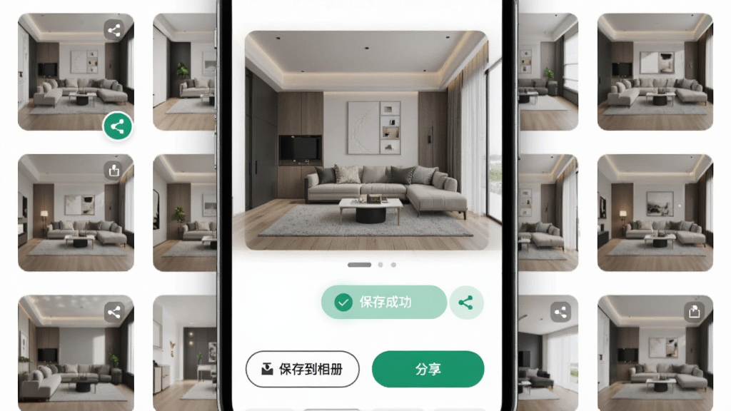 AI室内设计专家方案保存与分享功能的界面截图,画面中手机屏幕显示一个已完成的设计方案,底部有“保存到相册”和“分享”按钮,周围有多个风格缩略图,整体排版简洁,风格现代,细节上带有分享图标和保存成功提示,画质清晰,无多余元素