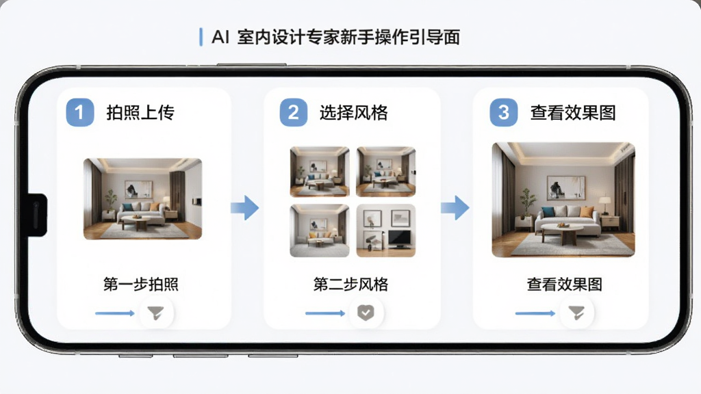AI室内设计专家新手操作引导界面,画面中手机屏幕显示分步操作图示,第一步拍照上传,第二步选择风格,第三步查看效果图,整体布局为三栏横向排列,风格简洁明快,细节上带有数字序号和箭头指示,画质高清,干净整洁