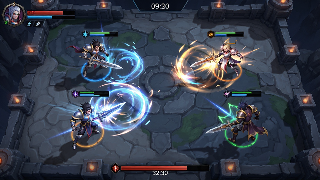 �����ǽ�������ʵʱ��ս���棬����Ϊ�����ӽǵ�ս����ͼ���Ű�չʾ˫��Ӣ�۶��ţ����Ϊ���о����磬ϸ�ڰ��������ͷ���Ч��Ѫ���뵹��ʱUI�����ʸ��壬�ɾ����޶���Ԫ��