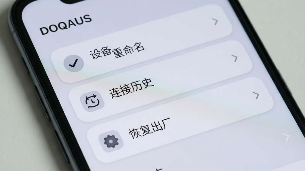 һ��չʾDOQAUS���Ի����ý����ͼƬ������Ϊһ����׿�ֻ���д����Ļ��ʾ���ò˵��б���������������������ʷ���ָ�������ѡ�����Ϊ�����б�ʽ�����Ϊ���Բ�ǿ�Ƭ��ƣ�ϸ����ÿ��ѡ�����м��ͼ�꣬����Ϊǳ�ң������������ɾ����޶���Ԫ�أ�ͼƬ����������Ϊ��DOQAUS�����豸����������������ʷ����