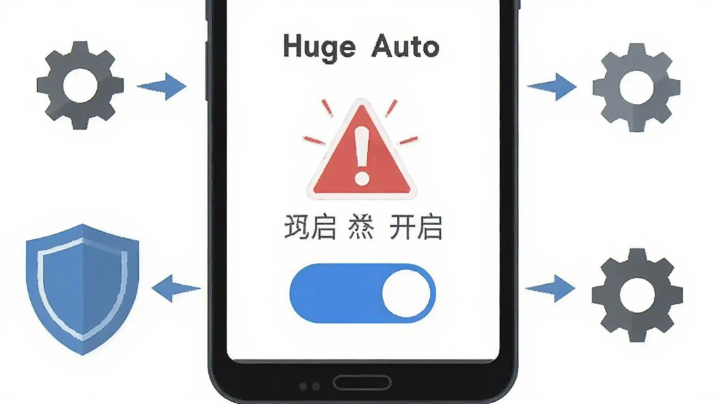 һ���ֻ���Ļ��ʾ��Huge Auto�������ϰ�����������ҳ�棬ҳ�����к�ɫ�ľ���ͼ�����ɫ�Ŀ��ذ�ť���ֻ��Ա���һ������ͼ��ͳ���ͼ�꣬����Ϊ��ɫ����񣬲���Ϊ�ֻ����У���Χ��������ͼ�꣬���Ϊ��ƽ��UIʾ��ͼ��ϸ�ڰ������������ֱ�ǩ�ͼ�ͷָʾ�����ʸ��壬�ɾ����޶���Ԫ��