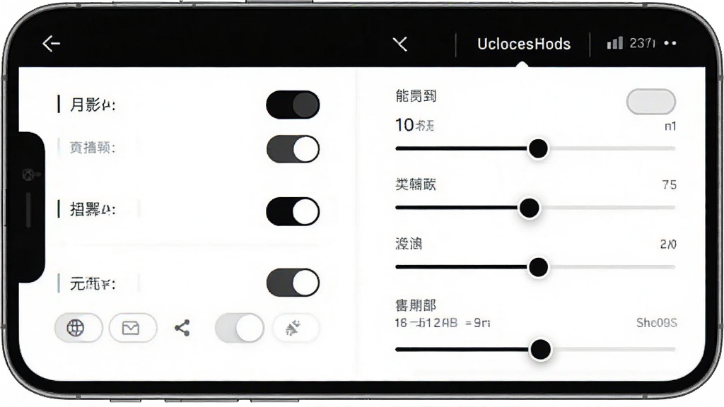 一张展示月影黑白智能辅助功能界面的手机截图,画面中显示多个功能开关和参数调节滑块,界面以黑白配色为主,布局清晰,风格简约科技,画质干净无多余元素