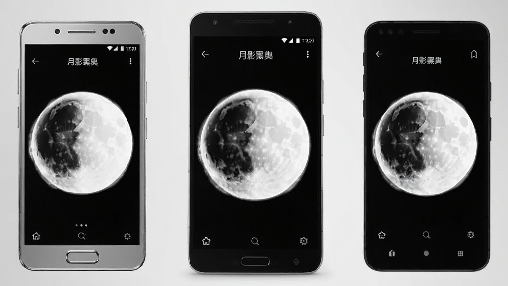 一张展示月影黑白在多种不同品牌手机上运行的合成图,画面中有三部手机并排展示,每部手机屏幕上都运行着月影黑白应用,背景为浅灰色渐变,风格简洁商务,画质清晰,布局整齐,无多余元素