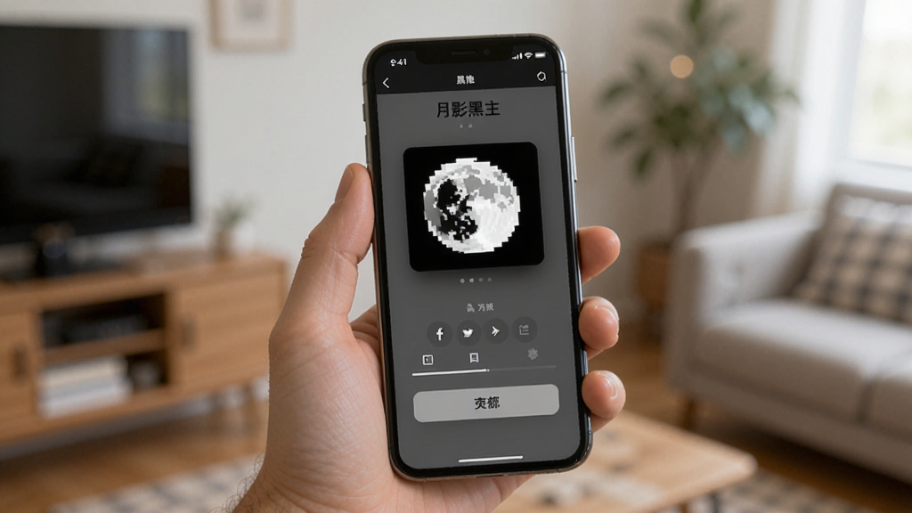 一张展示用户在手机上操作月影黑白应用的场景图,画面中一只手拿着手机,手机屏幕上显示月影黑白的操作界面,背景为居家环境虚化处理,风格生活化,光线柔和,画质清晰,无多余元素