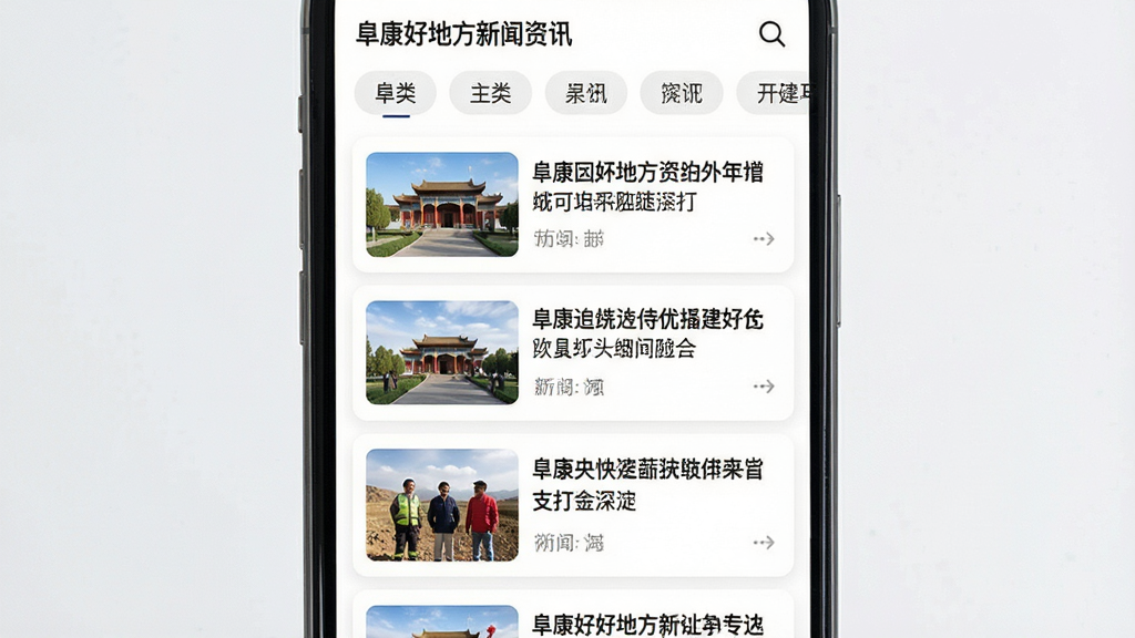 手机界面展示阜康好地方新闻资讯列表页,多条新闻卡片纵向排列,每条卡片配有缩略图和标题文字,顶部有分类标签栏,背景简洁白色,文字清晰可读,现代新闻类应用UI风格,布局整齐,画质高清,干净无多余元素