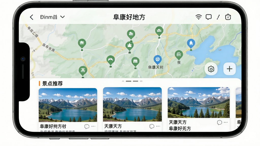 手机屏幕显示阜康好地方旅游导览页面,地图上标注多个景点位置图标,下方有景点推荐卡片列表,配有天山天池风景图片,界面配色清新自然,旅游类应用UI风格,布局合理,画质高清,干净整洁,无多余元素
