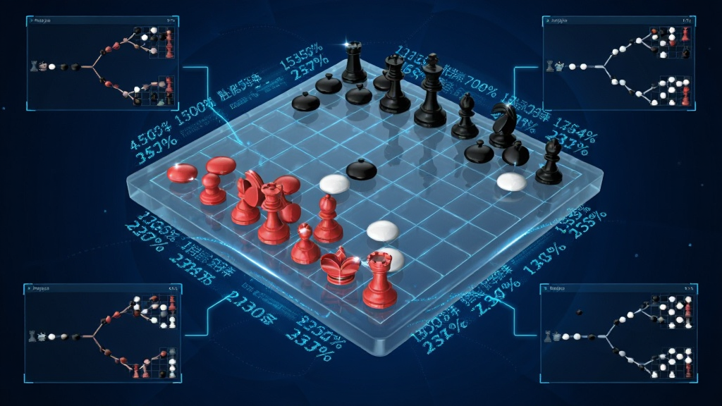 主体为一块悬浮的半透明虚拟棋盘,棋盘中央显示红黑双方棋子,棋盘边缘环绕着发光的蓝色数据流与胜率百分比数字;布局为棋盘占据画面中心,四周有六个小型分析窗口展示不同走法分支;排版为放射状围绕棋盘;风格为未来科技感,深蓝色背景;细节包括棋子上的高光、数据线条的流动感、数字清晰可读;画质4K,干净,无多余元素