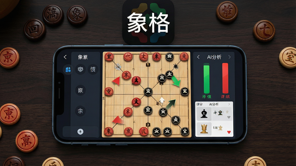 主体为一部智能手机,屏幕显示中国象棋棋盘与AI分析面板,棋盘上红黑棋子清晰排列,旁边有绿色和红色的评分条与推荐走法箭头;布局为手机居中,背景为深色木质纹理桌面,周围散落几枚棋子;排版简洁,上方留白放置软件名称“象格”文字;风格为现代科技感与传统文化结合,细节包括棋子光泽、界面UI元素清晰;画质高清,干净,无多余元素