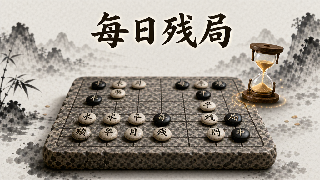 主体为一张石质棋盘,上面摆放着少量棋子形成残局局面,棋盘旁边悬浮着发光的“每日残局”字样与一个沙漏图标;布局为棋盘居中偏下,上方有标题文字;排版简洁;风格为古朴中国风,水墨背景;细节包括棋子上的刻字、石质纹理、沙漏中的光点流动;画质高清,干净,无多余元素