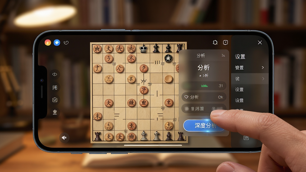 主体为一部手机横屏显示象棋棋盘,棋盘旁边有半透明的分析面板与设置菜单,画面中有一只手正在点击“深度分析”按钮;布局为手机占据画面中心,背景为模糊的书房环境;排版突出手机屏幕内容;风格为生活化写实风,暖色灯光;细节包括手指的皮肤纹理、屏幕上的UI元素、按钮的按压效果;画质高清,干净,无多余元素