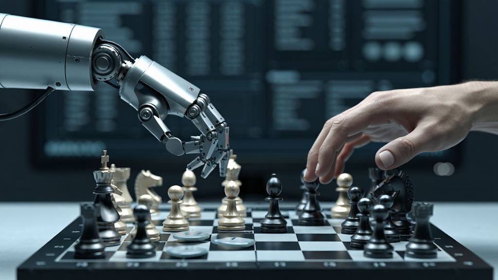 主体为一个机器人手臂与人类手掌隔着棋盘对弈,棋盘上棋子密集,机器人手臂带有金属光泽,人类手掌自然放松;布局为棋盘横跨画面下方,机器人与人类分居左右;排版平衡;风格为写实科幻风,冷色调;细节包括棋子上的反光、机器人关节的机械结构、背景虚化的数据屏幕;画质高清,干净,无多余元素