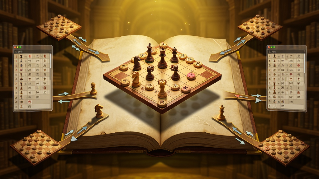 主体为一本打开的巨大虚拟书籍,书页上漂浮着中国象棋棋盘与棋子,书页边缘延伸出多条分支路线连接着不同的小棋盘;布局为书籍居中,左右两侧有悬浮的棋谱列表窗口;排版对称;风格为魔幻图书馆风格,暖黄色灯光;细节包括书页纹理、棋子投影、分支路线上的箭头标识;画质高清,干净,无多余元素