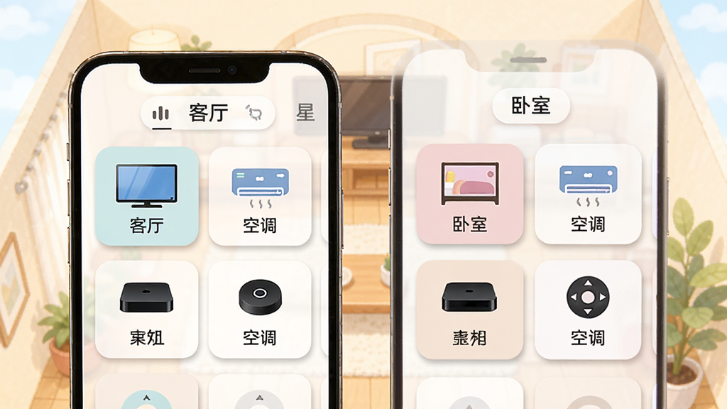 画面展示万能遥控器智控星的多设备管理界面,手机屏幕分为“客厅”和“卧室”两个分组标签,每个分组下排列着电视、空调、机顶盒等设备卡片,卡片上有对应的设备图标和名称,背景为温馨的家居平面图,风格为清新浅色插画,细节包括卡片圆角和轻微投影,画质高清,干净,无多余元素