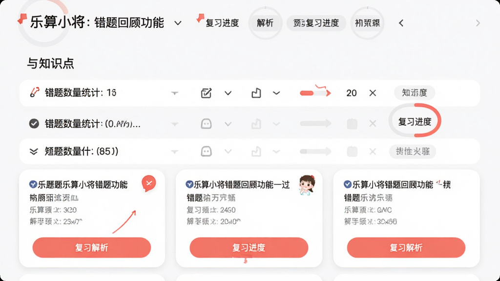 ����С������ع˹��ܽ��棬����Ϊ�����б���֪ʶ���ǩ�������Ϸ���ʾ��������ͳ�ƣ��·�Ϊ��Ŀ��Ƭ�������ť���Ű����룬������¼�Լ��ϸ�ڰ�����ɫ����븴ϰ���Ȼ������ʸ��壬�ɾ����޶���Ԫ��