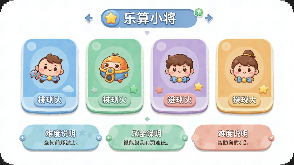 ����С���Ѷ�ѡ����棬����Ϊ��ͬ�ѶȵĿ�Ƭ���У������Ϸ���ʾ��ǰ�ȼ����·�Ϊ�Ѷ�ѡ����˵�����֣��Ű�������������Բ�ǣ�ϸ�ڰ�����ͨͼ������ɫ���֣����ʸ��壬�ɾ����޶���Ԫ��