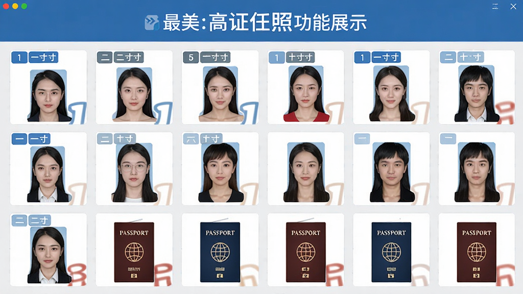 最美高清证件照功能展示图,主体为软件界面中排列整齐的多种证件照尺寸模板,布局为网格状展示,排版为上方标题下方缩略图,风格为扁平化设计,细节包含一寸、二寸、护照等标签和蓝白红底示例,画质高清,干净,无多余元素