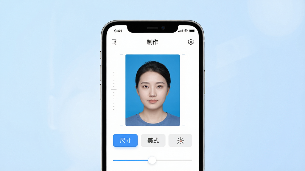 一张展示最美高清证件照应用界面的手机样机图,主体为手机屏幕中显示证件照制作页面,布局为居中放置手机,背景为浅蓝渐变,风格为清爽科技风,细节包括屏幕内可见蓝底证件照预览、尺寸选择按钮、美颜滑动条,画质高清,干净,无多余元素
