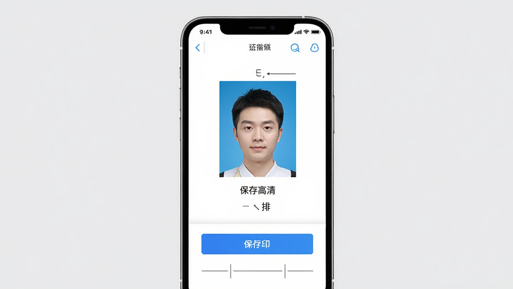 最美高清证件照使用场景示意图,主体为手机屏幕显示证件照制作完成后的预览与保存按钮,布局为居中展示手机,背景为浅灰纯色,风格为写实产品风,细节包括蓝底一寸照、保存高清、排版打印等文字,画质清晰,干净,无多余元素