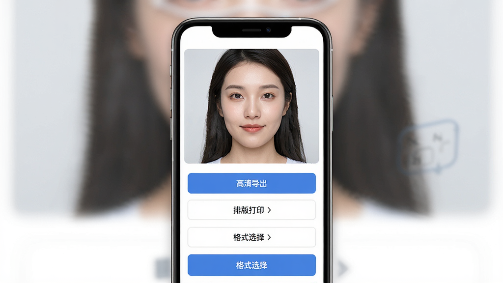 最美高清证件照导出界面示意图,主体为手机屏幕显示保存与排版选项,布局为竖向排列的按钮列表,排版为上方预览图下方操作区,风格为简约实用风,细节包括高清导出、排版打印、格式选择等文字标识,画质清晰,干净,无多余元素