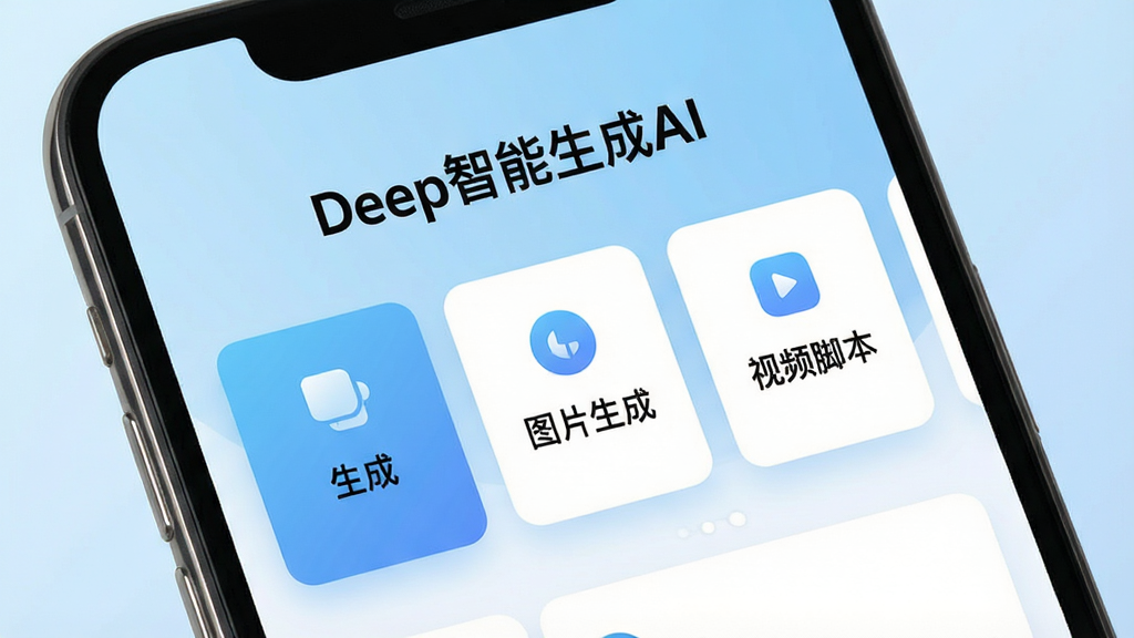 һ���ֻ���ĻչʾAI����Ӧ�ý��棬����������Deep��������AI���������棬������ʾ�������ơ�Deep��������AI�����·������������ɡ�ͼƬ���ɡ���Ƶ�ű��������ܿ�Ƭ������Ϊǳ��ɫ���䣬������ִ���ϸ�����������ʸɾ����޶���Ԫ��