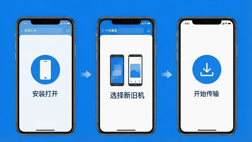 手机换机一键搬家操作步骤引导图,三个手机屏幕分别显示“安装打开”“选择新旧机”“开始传输”,界面简洁,图标清晰,蓝色主色调,干净背景,无多余元素