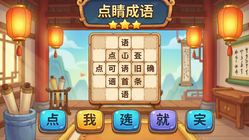 ����չʾһ���ֻ���Ϸ�ؿ����棬��Ļ�Ϸ���ʾ���㾦����������������ۣ��м��ǳ��������̣��·��������ѡ���ְ�ť������Ϊ��ͨ���ĹŴ���Ժ�������������ֻ����У���Χ��׺�ŵ����;��ᣬ���������죬ϸ���ϰ�ť�����尴ѹЧ�������ʸ��壬�ɾ����޶���Ԫ��
