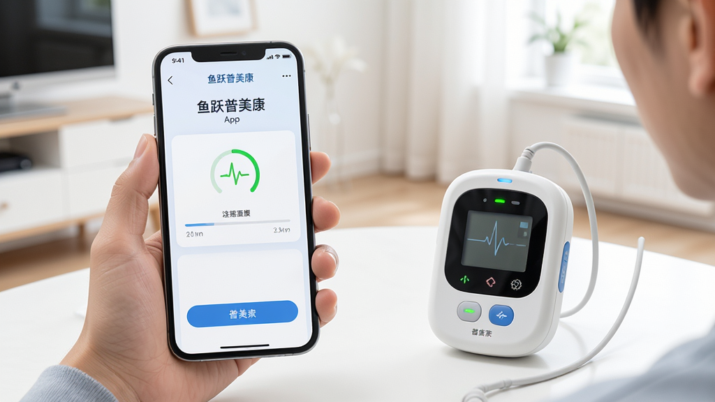 主体是一个用户手持智能手机,手机屏幕上显示“鱼跃普美康”App正在搜索并连接心电设备的界面,旁边放置着一台小巧的鱼跃普美康心电仪;布局为人物手部与设备同框,背景是明亮整洁的室内环境;排版以手机和设备为中心,连接状态图标醒目;风格为真实生活场景与科技感融合;细节包括手机屏幕上的连接进度条、设备指示灯微亮、界面按钮清晰;画质为高清、干净、无多余元素
