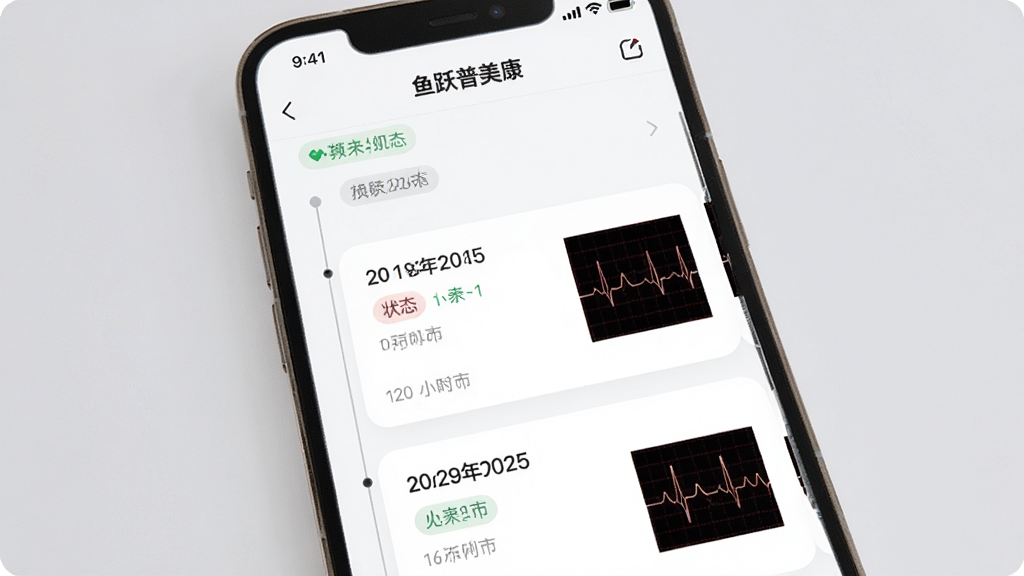 主体是手机屏幕展示“鱼跃普美康”App的历史报告列表页面,页面上有多条按日期排列的心电报告卡片,部分卡片带有心电图缩略图;布局为手机正面展示,背景是柔和的浅灰色;排版突出报告列表的层次感,日期和报告状态清晰可见;风格为简洁高效的移动端UI设计;细节包括卡片圆角、分类标签、时间轴线条;画质为高清、干净、无多余元素