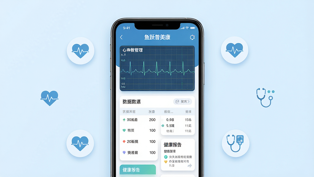 主体是一个智能手机屏幕,屏幕上显示着“鱼跃普美康”App的心电数据管理界面,界面中有心电图波形、数据列表和健康报告卡片;布局为手机居中放置,背景是干净的浅蓝色渐变;排版突出手机屏幕内容,周围有少量医疗健康相关的简约图标点缀;风格为现代科技感与医疗健康结合的扁平化设计;细节包括屏幕上的心电图线条清晰、数据卡片有柔和阴影、整体色调清爽;画质为高清、干净、无多余元素