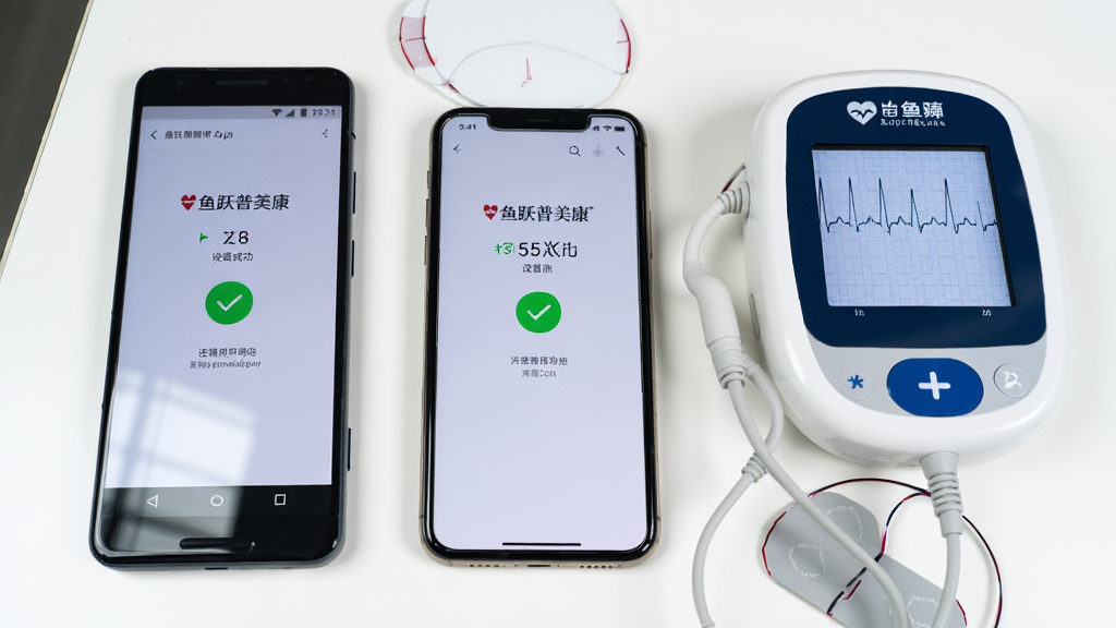 主体是一部Android手机和一部iPhone并排放在桌面上,两部手机屏幕都显示“鱼跃普美康”App的设备连接成功界面,旁边放着一台鱼跃普美康心电仪;布局为三件物品横向排列,背景是干净的白色桌面;排版突出手机屏幕上的连接状态和心电图预览;风格为清爽的产品展示风格;细节包括手机边框的反光、心电仪的电极片、连接成功的绿色对勾图标;画质为高清、干净、无多余元素