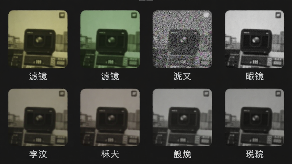 一张展示OldReel几帧DV复古数码相机滤镜选择界面的图片,画面中排列着多个方形滤镜预览图,每个预览图都呈现不同的复古色调,如泛黄、偏绿、高噪点、黑白等,滤镜下方有中文名称标签,界面风格简洁复古,背景为深灰色,画质清晰,无多余元素