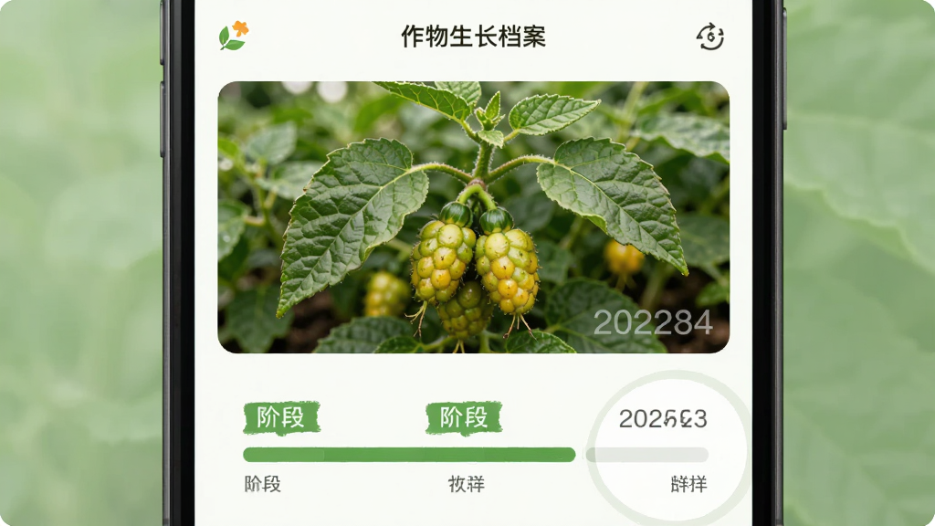 �������ǻ�ũҵAPP�е�������������ҳ�棬����Ϊ�Ϸ�������Ƭ���·������׶ν��������Ű����½ṹ������º���Ȼ��ϸ�ڰ�����ɫҶƬ���׶α�ǩ������ˮӡ�������������ɾ����޶���Ԫ��