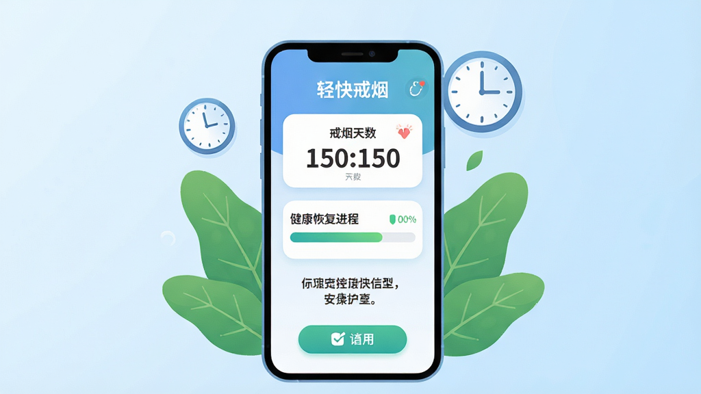 画面中央是一部智能手机,屏幕上显示“轻快戒烟”应用主界面,界面中有戒烟天数计数器、健康恢复进度条和鼓励标语,手机周围环绕着清新的绿色叶片和时钟图标,背景是柔和的浅蓝色渐变,整体布局简洁明快,风格为扁平化UI插画,细节包括圆角图标、数据图表和打卡按钮,画质高清,干净,无多余元素。