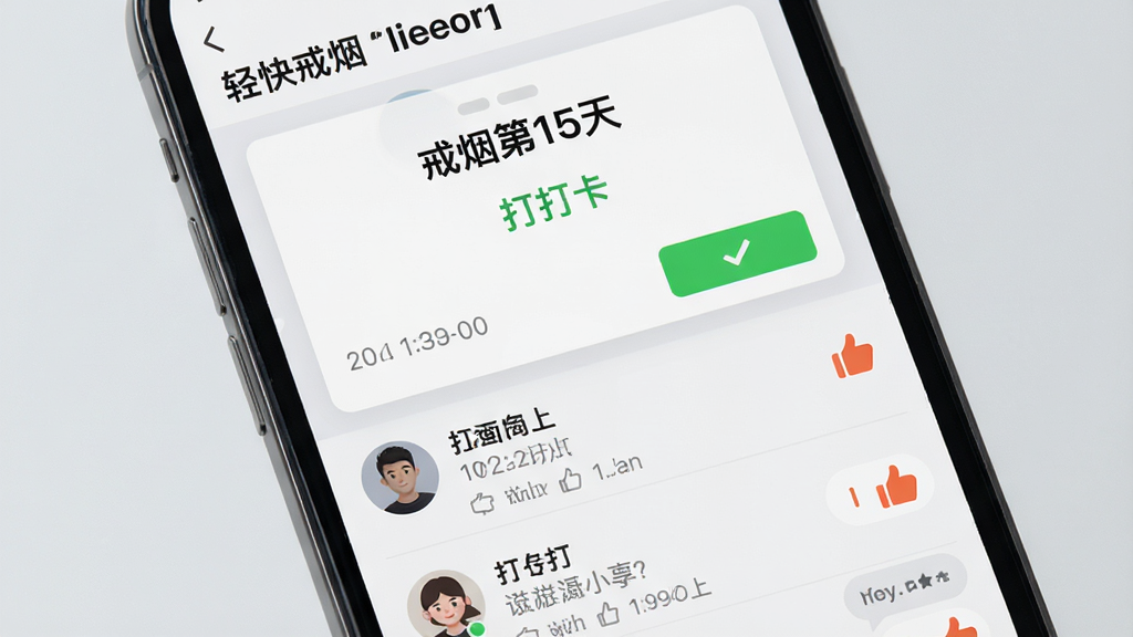 手机屏幕展示“轻快戒烟”社区页面,顶部是“戒烟第15天”的打卡卡片,下方信息流中有用户头像、打卡文字和点赞图标,背景为浅灰色,风格为社交APP列表样式,细节包括绿色打卡按钮、时间戳和评论气泡,画质高清,干净,无多余元素。