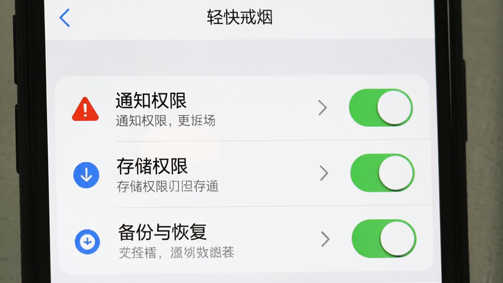 手机屏幕显示“轻快戒烟”的设置页面,有“通知权限”“存储权限”“备份与恢复”等选项开关,旁边有红色警告图标和蓝色提示图标,背景为白色,风格为系统设置界面风格,细节包括开关按钮、文字说明和箭头指示,画质高清,干净,无多余元素。