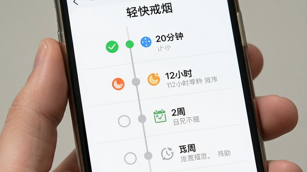 手机屏幕展示“轻快戒烟”的健康恢复时间轴界面,一条垂直时间线从上到下排列着“20分钟”“12小时”“2周”等节点,每个节点旁有对应的小图标和简短文字,背景为白色,风格为简约信息图,细节包括绿色对勾、灰色未完成圆圈和浅色分隔线,画质高清,干净,无多余元素。
