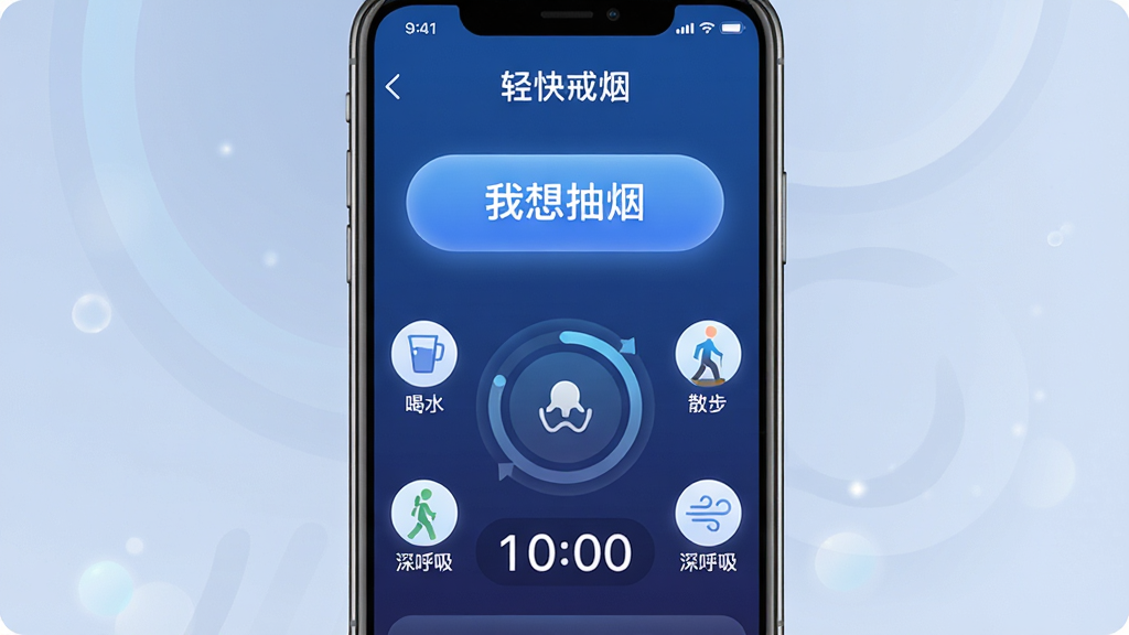 手机界面显示“轻快戒烟”的应急工具页面,中央有一个大大的“我想抽烟”按钮,下方是呼吸练习的圆形动画和倒计时数字,周围有“喝水”“散步”“深呼吸”三个小图标,背景为深蓝色渐变,风格为现代扁平化设计,细节包括柔和的发光效果和圆角卡片,画质清晰,干净,无多余元素。