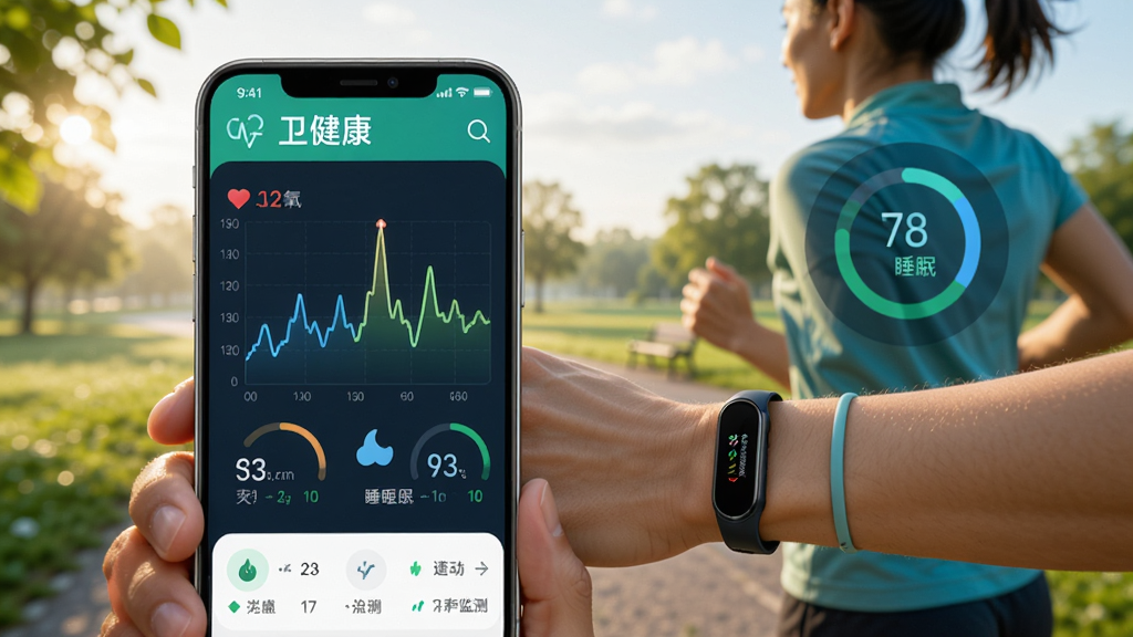 ����չʾ���ͽ���app�����ݼ����棬�ֻ���Ļ������һ����̬����������ͼ���Ա���Ѫ����˯�ߵĻ�������ͼ��һλ�û�����������ֻ��ڳ��ܣ��������峿�Ĺ�԰��������������Ȼ��ɫ������ɫ����ɫΪ��������ɾ������ʸ��壬ͻ��������Ƽ���ϵķ�Χ